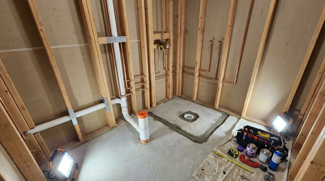 Bathroom rough-in plumbing during remodel by Johns Plumbing LLC in Kings Beach