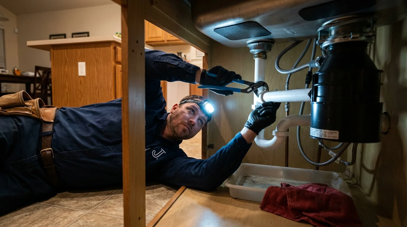 P-trap and supply line connections under a kitchen sink showing a common leak point in Kings Beach, CA